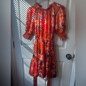 Vibrant Orange Floral Tiered Midi Dress